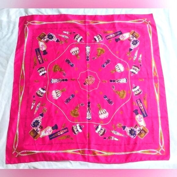 Vibrant Hot Pink Scarf with Vintage Perfume Bottles Large - Picture 1 of 13